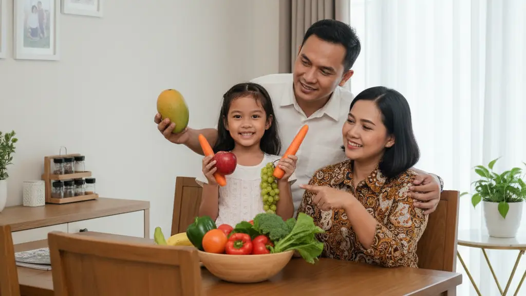 anak memegang buah dan sayur sebagai sumber vitamin alami untuk pertumbuhan sehat