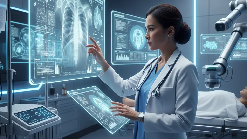 dokter dan sistem AI bekerja berdampingan membaca hasil radiologi di ruang pemeriksaan modern