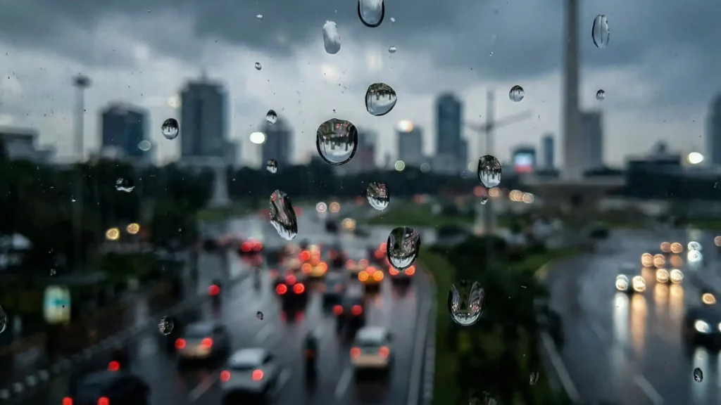 ilustrasi hujan membawa partikel alergen seperti serbuk sari dan spora jamur