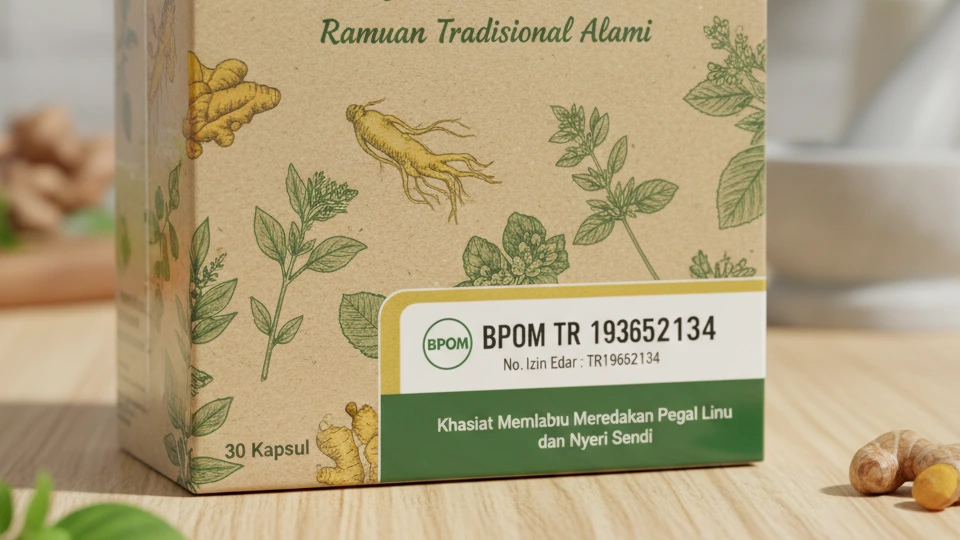 Contoh label BPOM dengan kode TR dan nomor izin edar resmi pada kemasan produk herbal