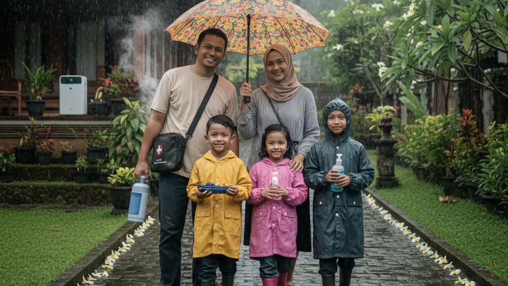 ilustrasi keluarga menjaga kesehatan saat musim hujan dengan payung dan perlengkapan rumah