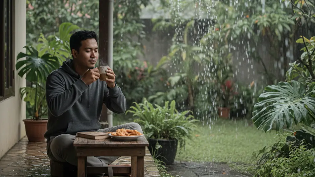 secangkir kopi hangat saat hujan dengan ilustrasi efeknya pada imun