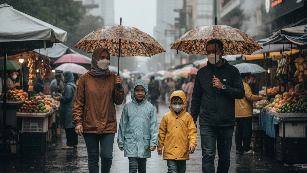 ilustrasi keluarga menjaga daya tahan tubuh di musim hujan dengan payung dan pakaian hangat