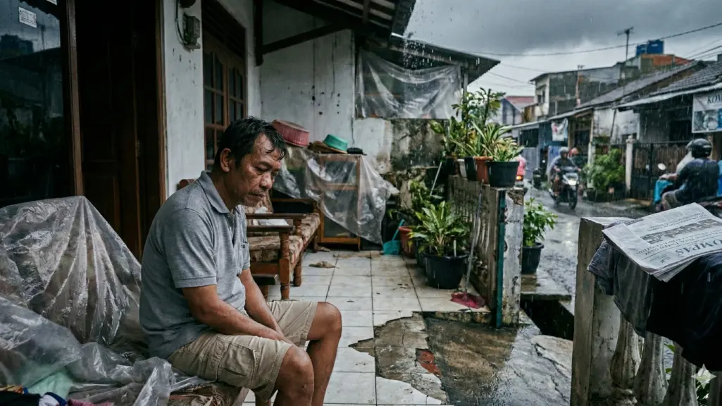 ilustrasi seseorang duduk di dekat jendela saat hujan dengan ekspresi lelah dan murung.
