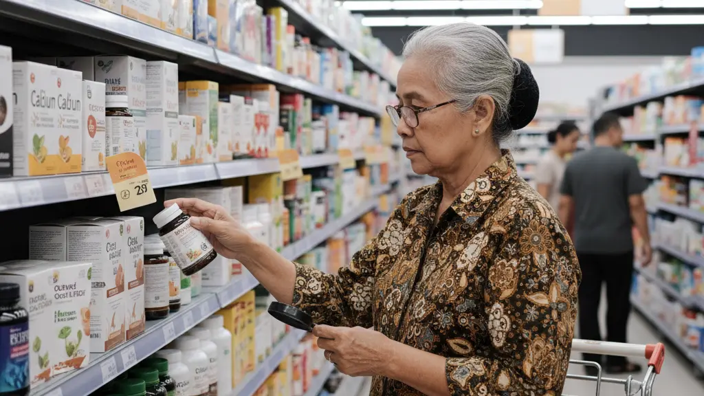 ilustrasi suplemen dan makanan sehat untuk lansia.