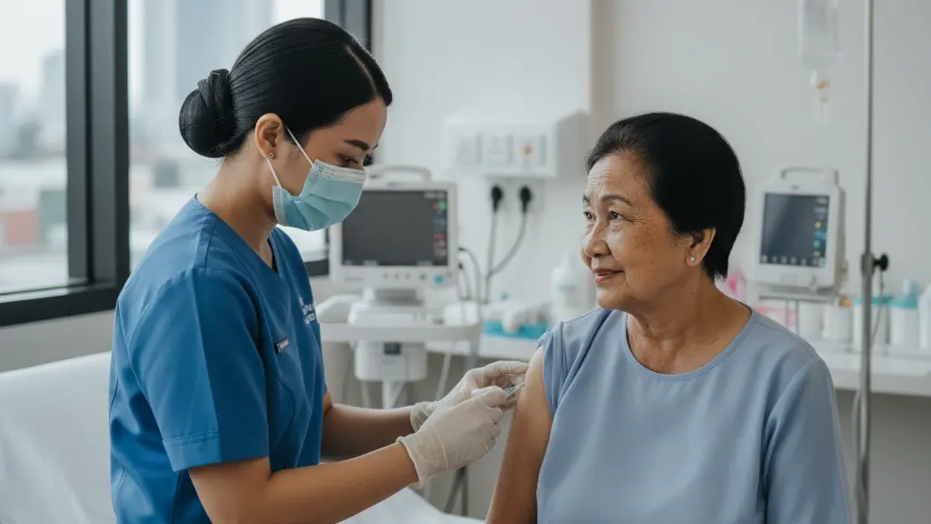 tenaga kesehatan memberikan vaksin influenza kepada pasien dewasa di klinik