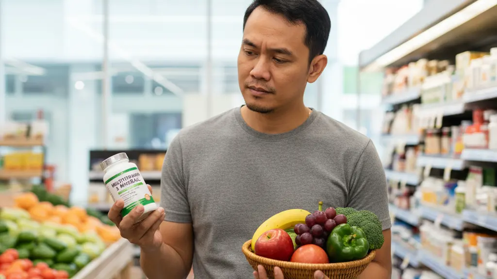 ilustrasi perbandingan vitamin dari makanan dan tablet suplemen