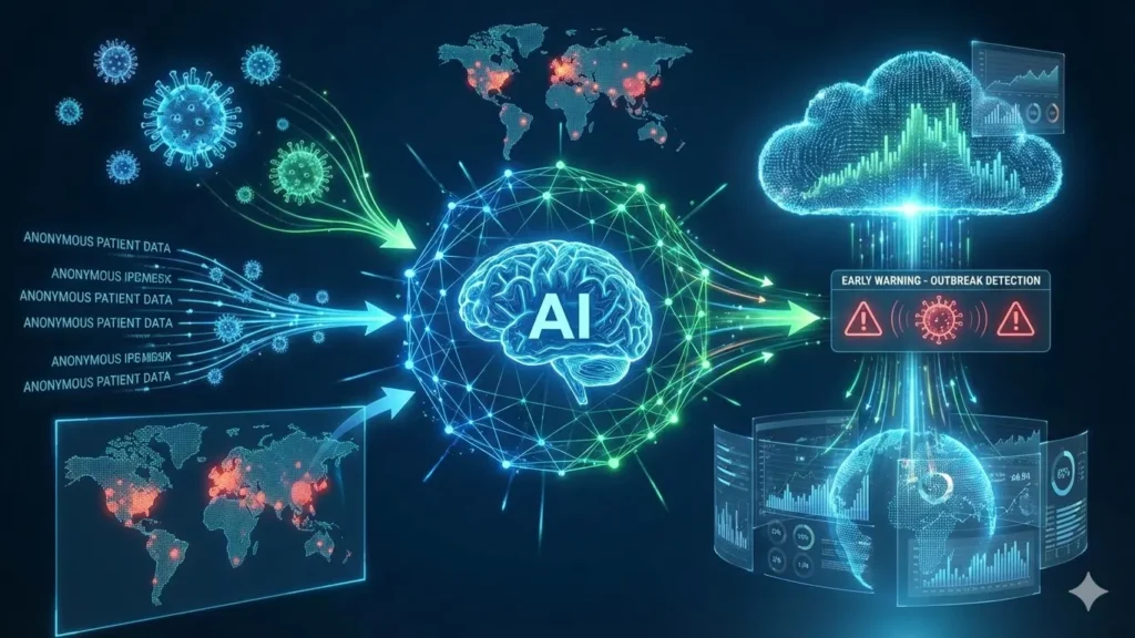 Ilustrasi jaringan data digital dan kecerdasan buatan (AI) mengolah Big Data kesehatan publik untuk pengambilan keputusan dan deteksi wabah