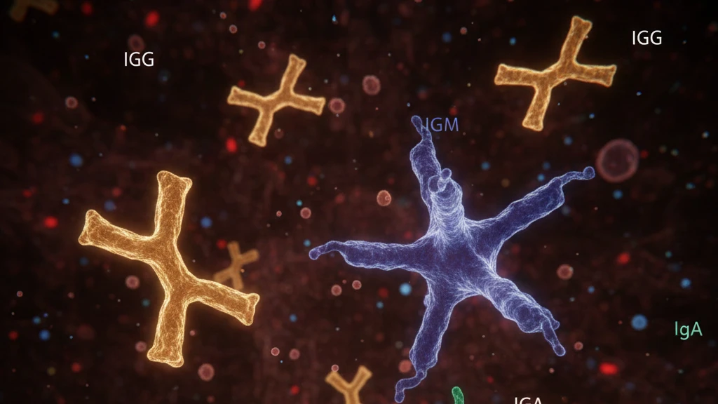 Ilustrasi tiga jenis antibodi utama: IgA, IgG, dan IgM beserta fungsinya dalam sistem imun manusia.