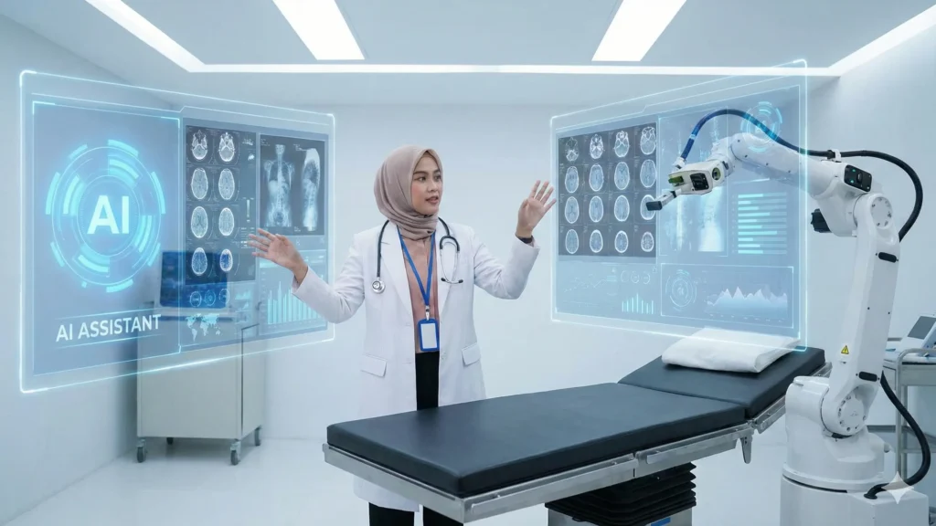 dokter dan AI bekerja berdampingan dalam ruang pemeriksaan modern