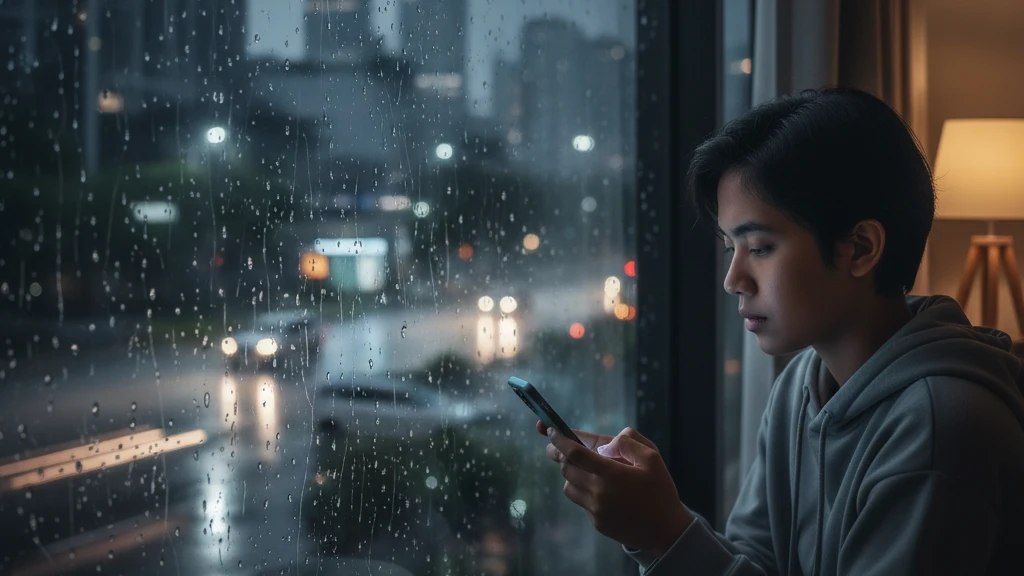 seseorang menggunakan ponsel di malam hari saat hujan turun