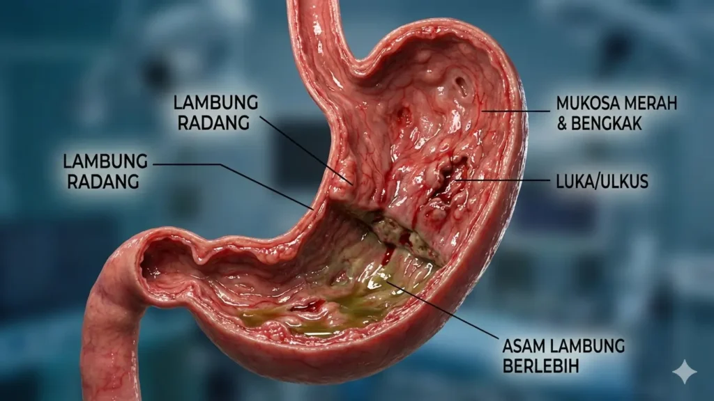ilustrasi lambung dengan area peradangan berwarna merah