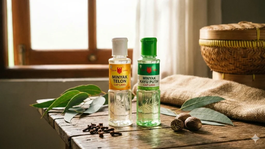 minyak telon dan minyak kayu putih di atas meja sebagai foto produk.