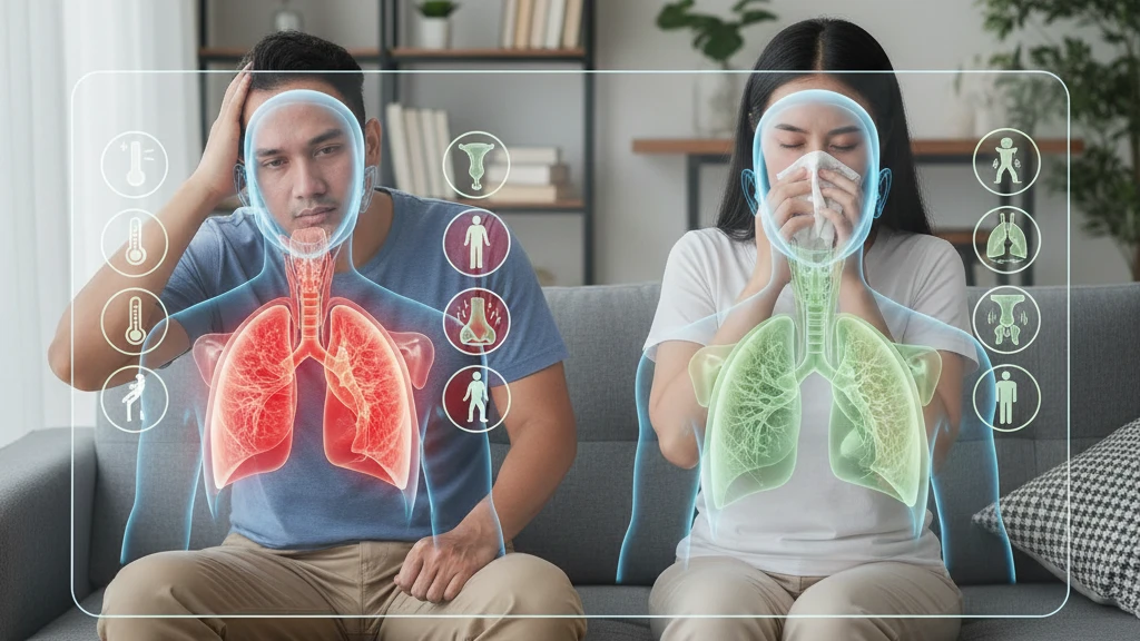 Ilustrasi perbedaan gejala flu dan pilek pada infeksi saluran napas.