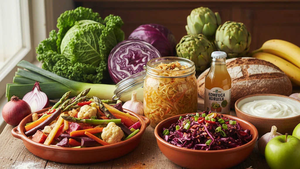 makanan fermentasi dan sayuran kaya prebiotik di atas meja kayu