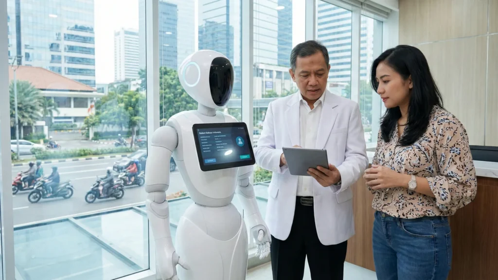 Seorang dokter berinteraksi dengan teknologi, seperti AI atau telemedisin, yang mencerminkan perpaduan antara keahlian klinis, empati manusia, dan inovasi digital dalam layanan kesehatan