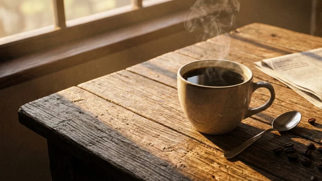 secangkir kopi hitam di meja kayu dengan cahaya pagi