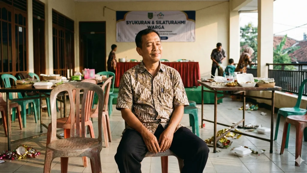 seseorang duduk sendirian dengan ekspresi tenang setelah acara sosial