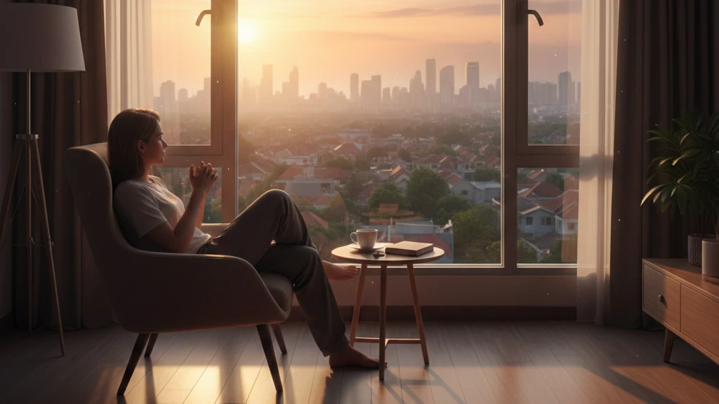 seseorang duduk tenang dekat jendela dengan cahaya senja, suasana hening dan reflektif