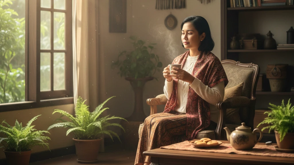 seseorang duduk tenang dengan secangkir teh hangat di ruang yang sunyi