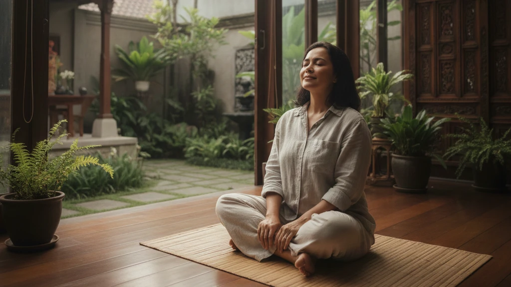 seseorang duduk tenang sambil menarik napas dalam di ruang cahaya lembut