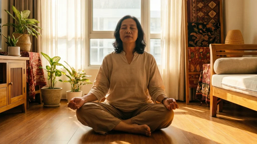 seseorang duduk tenang sambil menarik napas dalam di ruang yang hangat