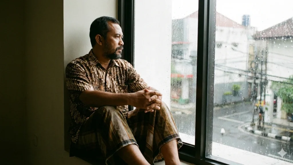 seseorang duduk tenang sambil menatap jendela dengan ekspresi reflektif