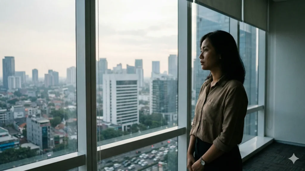 seseorang wanita wni berdiri diam menatap jendela sore hari dengan ekspresi lelah namun tenang