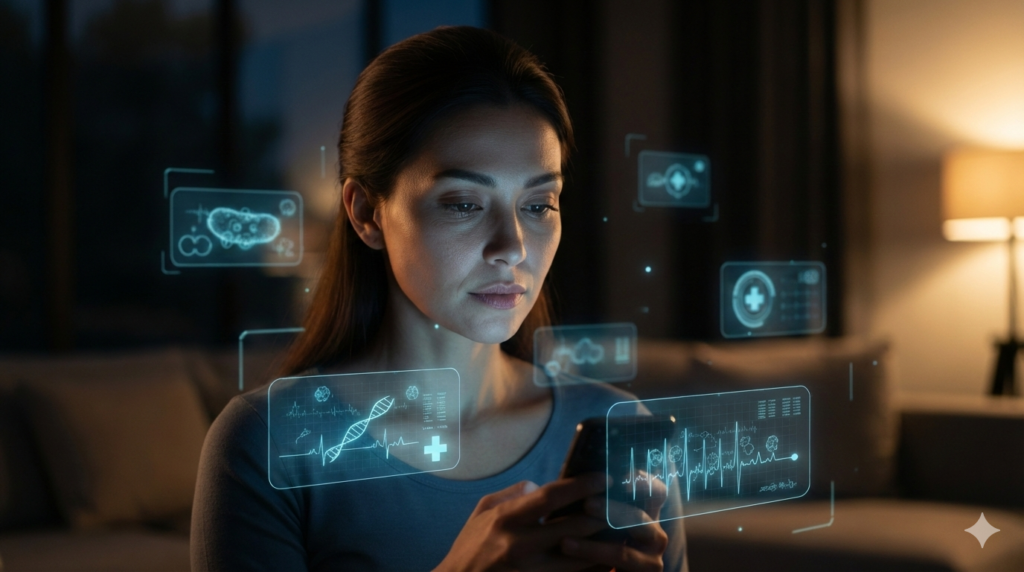 Ilustrasi seseorang membandingkan gejala tubuh dengan informasi kesehatan di ponsel. Ilustrasi otak manusia dengan simbol bias kognitif saat menilai data kesehatan.