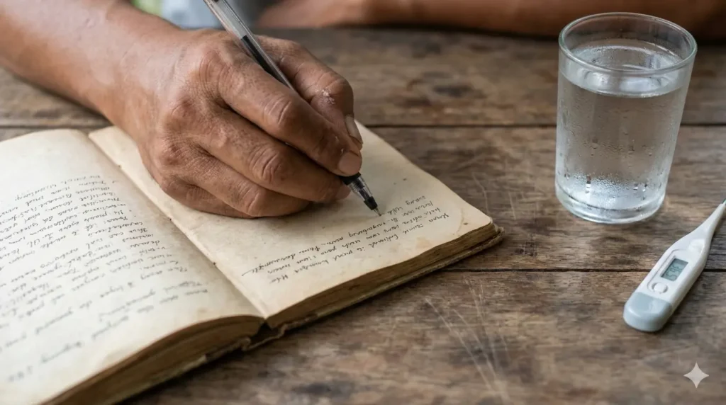 Ilustrasi seseorang mencatat keluhan harian untuk pemantauan.