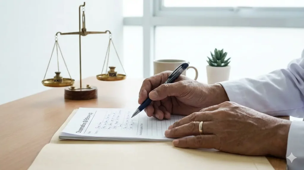 Ilustrasi dokter berbicara dengan pasien tanpa langsung menyerahkan obat. Ilustrasi timbangan antara manfaat dan risiko pemberian obat. Ilustrasi catatan medis dengan opsi observasi dan tindak lanjut.