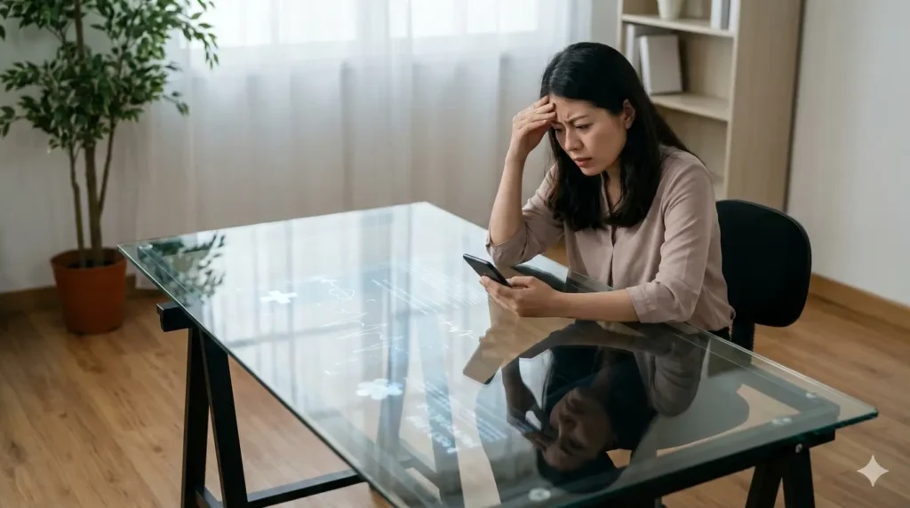 Ilustrasi seseorang membaca informasi kesehatan di ponsel dengan ekspresi bingung. Ilustrasi data medis digital bercampur dengan ikon tanda tanya.