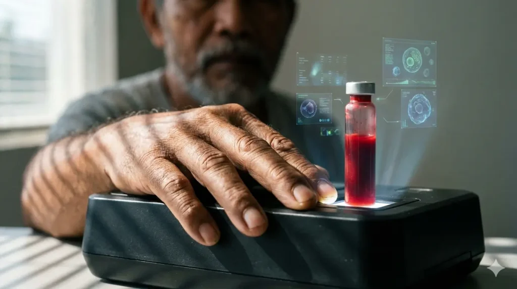 Ilustrasi tabung darah dan hasil pemeriksaan laboratorium