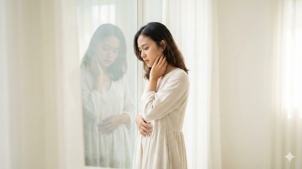 Ilustrasi siluet tubuh dengan titik nyeri berpindah lokasi. Ilustrasi sistem saraf yang menghubungkan berbagai bagian tubuh.