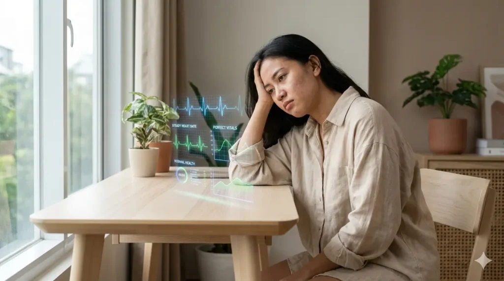 Ilustrasi hasil pemeriksaan kesehatan dengan angka normal tetapi tubuh tampak lelah. Ilustrasi grafik kesehatan yang tidak sejalan dengan ekspresi kondisi seseorang.