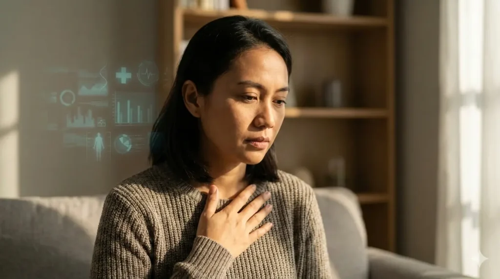 Ilustrasi seseorang duduk tenang memperhatikan napas dan sensasi tubuh.