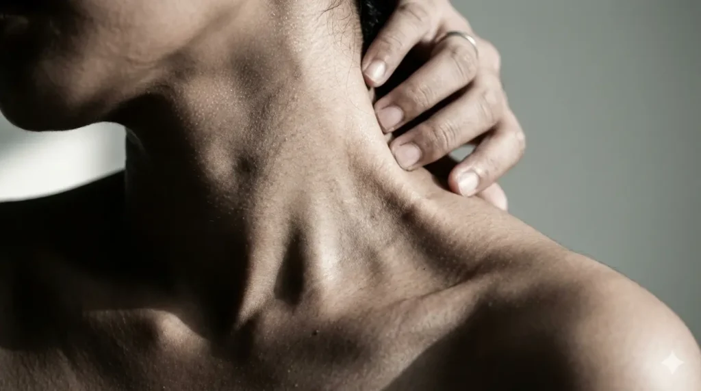 Ilustrasi seseorang tampak tertekan dengan keluhan fisik seperti nyeri dan lelah. Ilustrasi hubungan otak, sistem saraf, dan tubuh manusia.