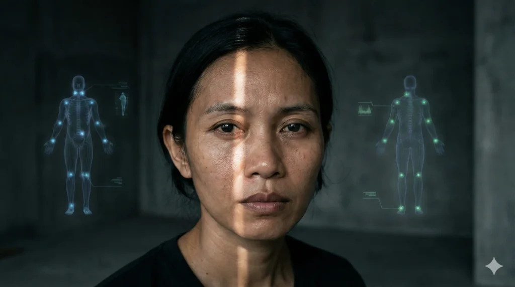 Ilustrasi otak dan tubuh yang terhubung dalam respons kecemasan.