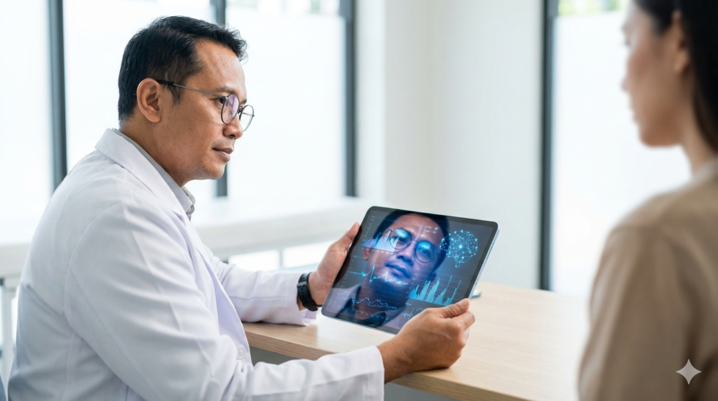 Ilustrasi otak manusia dan sistem AI berdampingan, menekankan kolaborasi bukan penggantian.