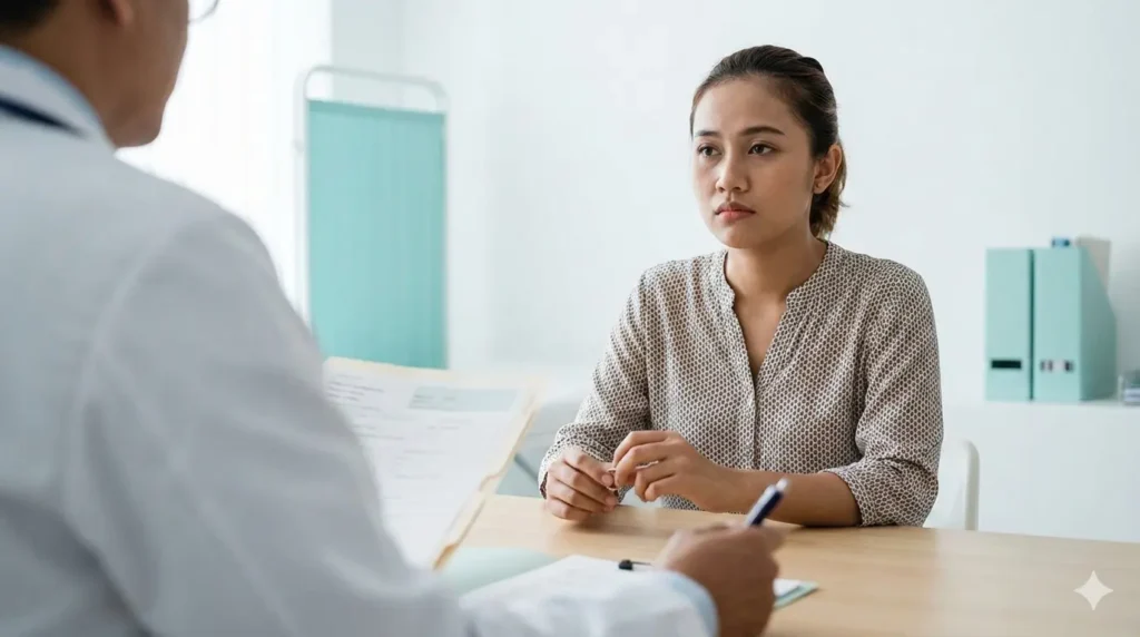 Ilustrasi dokter dan pasien mendiskusikan keluhan lelah tanpa temuan lab jelas. Ilustrasi keseharian padat yang memengaruhi energi tubuh.