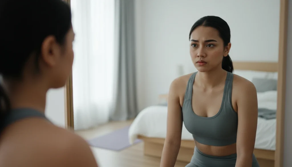 Ilustrasi seseorang bersiap berolahraga di pagi hari dengan ekspresi ragu setelah libur panjang.