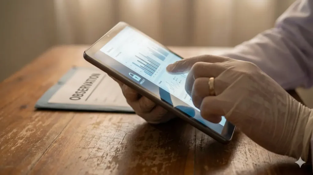 Ilustrasi pasien, tenaga kesehatan, dan sistem digital yang saling terhubung dengan batas akses.