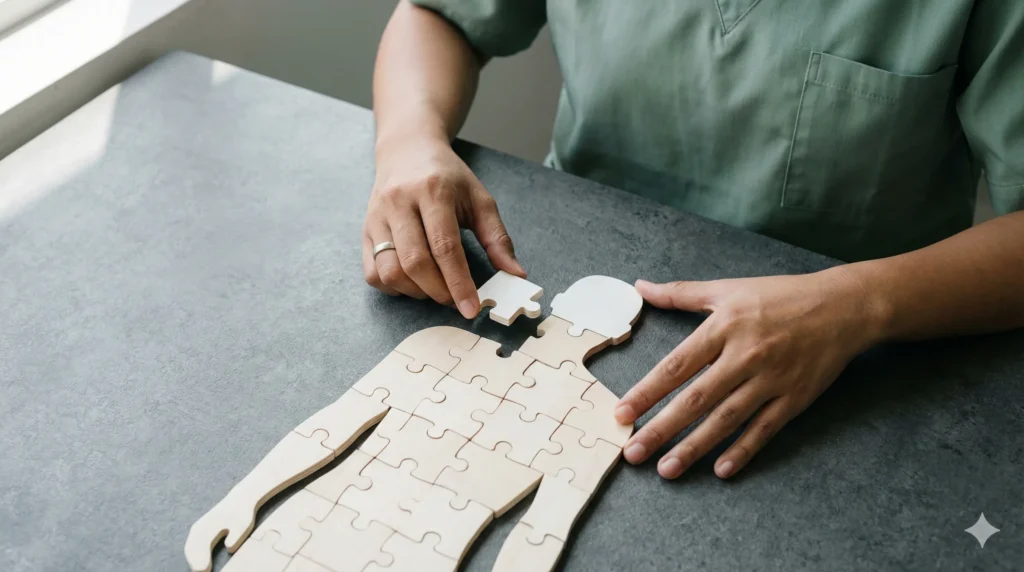 Ilustrasi dokter menyusun potongan puzzle untuk memahami kondisi pasien.