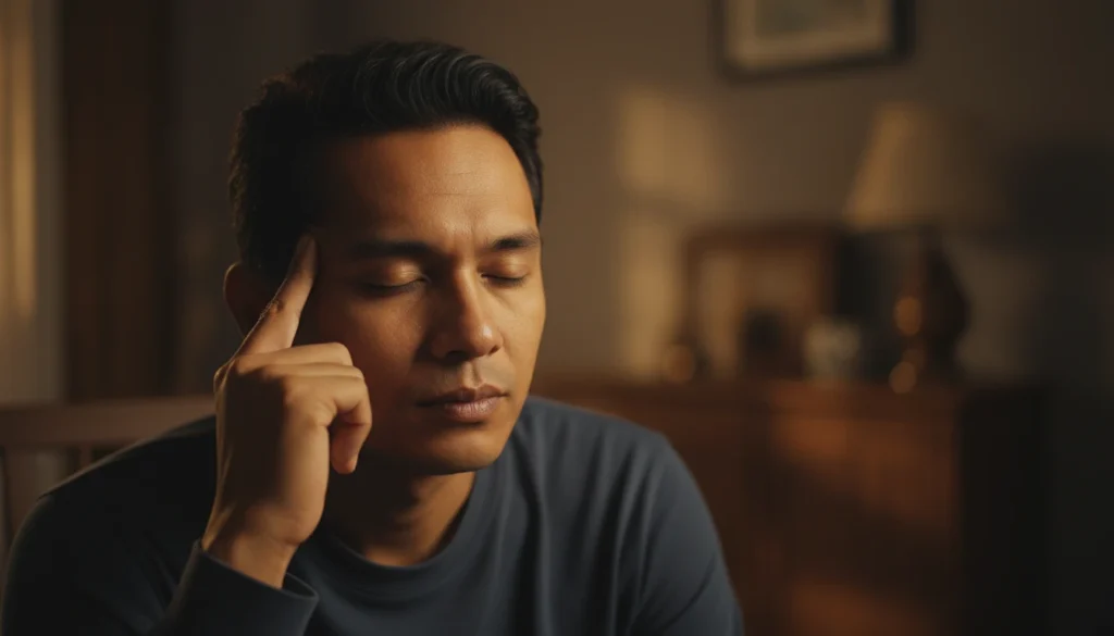 Ilustrasi seseorang duduk diam dengan mata terpejam di tengah aktivitas, menggambarkan tubuh yang meminta jeda.