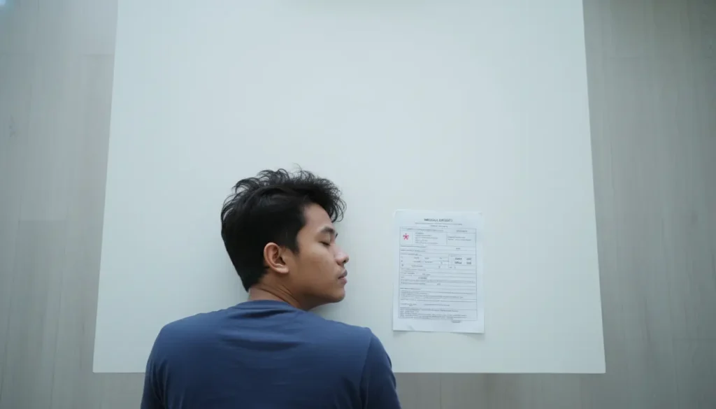 Ilustrasi seseorang memikirkan hasil laboratorium “normal” dengan ekspresi masih tidak nyaman