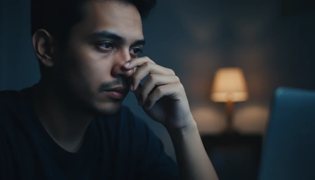 Ilustrasi seseorang terjaga di malam hari dengan jam menunjukkan waktu larut, menggambarkan pola tidur berantakan.