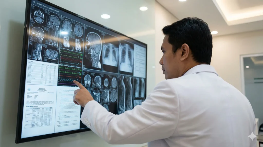 Ilustrasi dokter menyusun informasi dari beberapa pemeriksaan medis. Ilustrasi hasil pemeriksaan laboratorium, radiologi, dan wawancara klinis yang saling melengkapi. Ilustrasi potongan puzzle yang membentuk gambaran kesehatan seseorang.