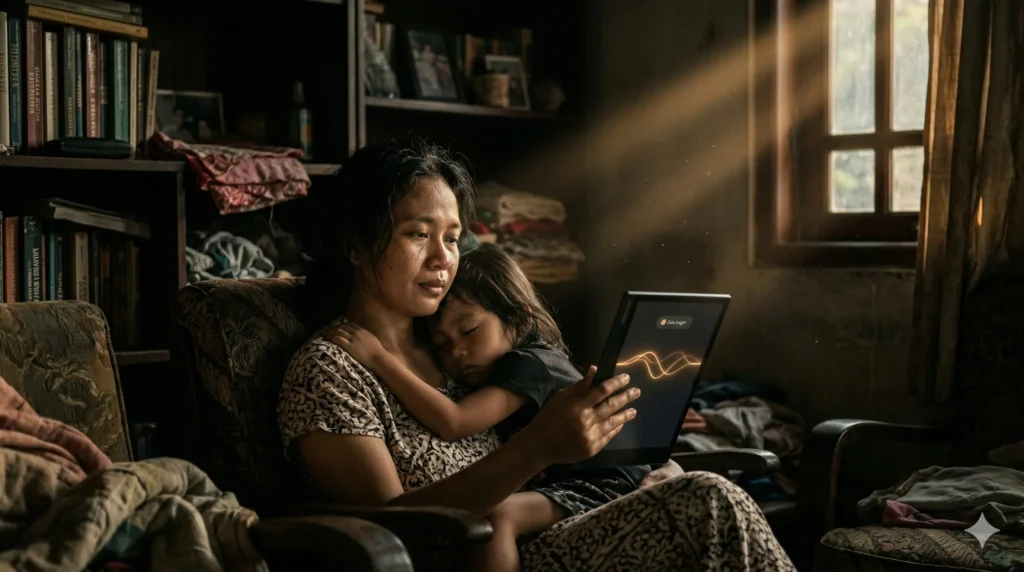 Indonesian mother in her 30s with natural skin texture and weary but relieved expression, and her sleeping young child resting against her shoulder